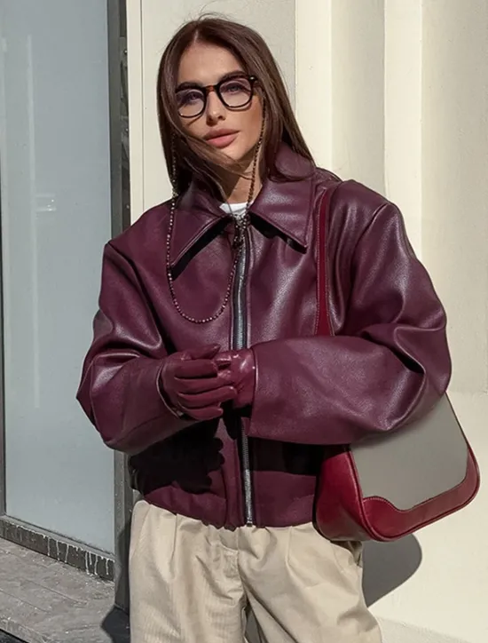 Women's Faux Leather Jacket Winter Jacket Windproof Zipper Oversized Elegant Vintage Fashion Daily School Casual Daily Short Turndown Loose Fit Long Sleeve Outerwear claret Spot goods shipped in Women Jackets