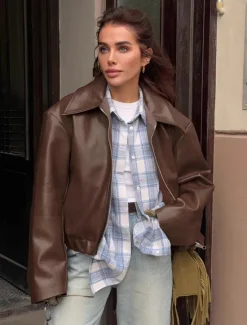 Women's Faux Leather Jacket Winter Jacket Windproof Zipper Oversized Elegant Vintage Fashion Daily School Casual Daily Short Turndown Loose Fit Long Sleeve Outerwear claret Spot goods shipped in Women Jackets
