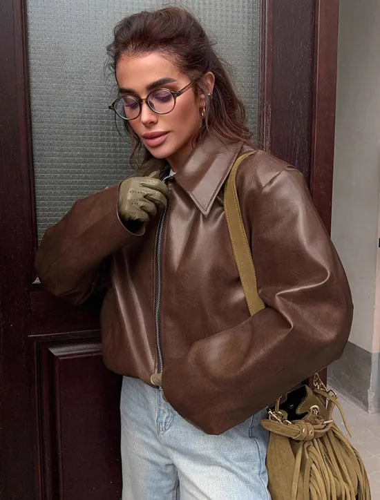 Women's Faux Leather Jacket Winter Jacket Windproof Zipper Oversized Elegant Vintage Fashion Daily School Casual Daily Short Turndown Loose Fit Long Sleeve Outerwear claret Spot goods shipped in Women Jackets