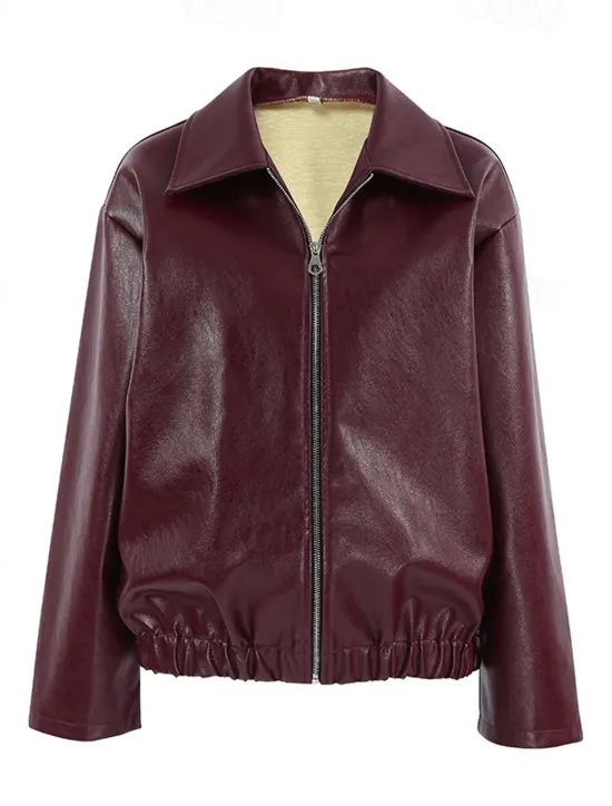 Women's Faux Leather Jacket Winter Jacket Windproof Zipper Oversized Elegant Vintage Fashion Daily School Casual Daily Short Turndown Loose Fit Long Sleeve Outerwear claret Spot goods shipped in Women Jackets