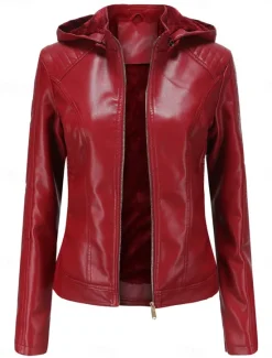 Discount Women's Faux Leather Jacket Outdoor Street Daily Wear Fall Winter Short Coat Regular Fit Thermal Warm Breathable Stylish Casual Jacket Long Sleeve Plain with Pockets Full Zip Black Pink Red Women Jackets