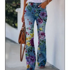 Best Women's Flared Pants Bell Bottom Pants Trousers Fashion Full Length Mid Waist Skull Flower / Floral Side Pockets Wide Leg Print Comfort Micro-elastic Halloween Weekend Navy-blue Rainbow Sky Blue And Women Leggings