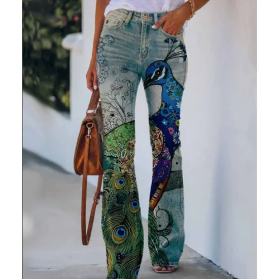 Best Women's Flared Pants Bell Bottom Pants Trousers Fashion Full Length Mid Waist Skull Flower / Floral Side Pockets Wide Leg Print Comfort Micro-elastic Halloween Weekend Navy-blue Rainbow Sky Blue And Women Leggings