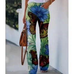 Best Women's Flared Pants Bell Bottom Pants Trousers Fashion Full Length Mid Waist Skull Flower / Floral Side Pockets Wide Leg Print Comfort Micro-elastic Halloween Weekend Navy-blue Rainbow Sky Blue And Women Leggings