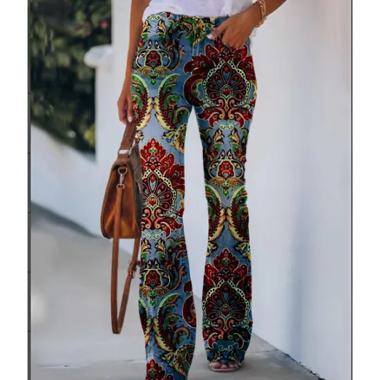Best Women's Flared Pants Bell Bottom Pants Trousers Fashion Full Length Mid Waist Skull Flower / Floral Side Pockets Wide Leg Print Comfort Micro-elastic Halloween Weekend Navy-blue Rainbow Sky Blue And Women Leggings