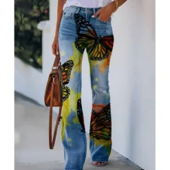 Best Women's Flared Pants Bell Bottom Pants Trousers Fashion Full Length Mid Waist Skull Flower / Floral Side Pockets Wide Leg Print Comfort Micro-elastic Halloween Weekend Navy-blue Rainbow Sky Blue And Women Leggings