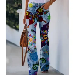 Best Women's Flared Pants Bell Bottom Pants Trousers Fashion Full Length Mid Waist Skull Flower / Floral Side Pockets Wide Leg Print Comfort Micro-elastic Halloween Weekend Navy-blue Rainbow Sky Blue And Women Leggings