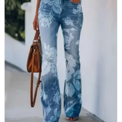 Best Women's Flared Pants Bell Bottom Pants Trousers Fashion Full Length Mid Waist Skull Flower / Floral Side Pockets Wide Leg Print Comfort Micro-elastic Halloween Weekend Navy-blue Rainbow Sky Blue And Women Leggings