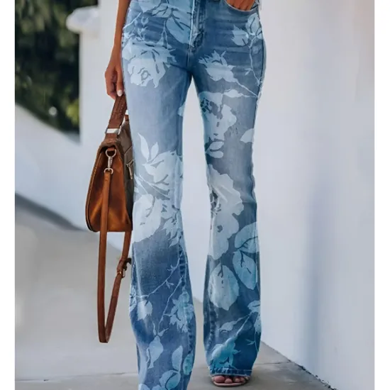 Best Women's Flared Pants Bell Bottom Pants Trousers Fashion Full Length Mid Waist Skull Flower / Floral Side Pockets Wide Leg Print Comfort Micro-elastic Halloween Weekend Navy-blue Rainbow Sky Blue And Women Leggings