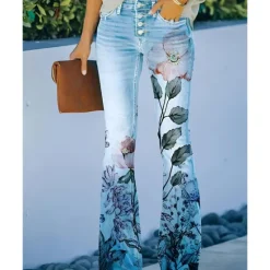 Best Women's Flared Pants Bell Bottom Pants Trousers Fashion Full Length Mid Waist Skull Flower / Floral Side Pockets Wide Leg Print Comfort Micro-elastic Halloween Weekend Navy-blue Rainbow Sky Blue And Women Leggings