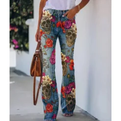 Best Women's Flared Pants Bell Bottom Pants Trousers Fashion Full Length Mid Waist Skull Flower / Floral Side Pockets Wide Leg Print Comfort Micro-elastic Halloween Weekend Navy-blue Rainbow Sky Blue And Women Leggings