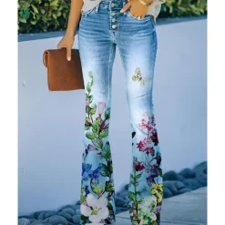 Best Women's Flared Pants Bell Bottom Pants Trousers Fashion Full Length Mid Waist Skull Flower / Floral Side Pockets Wide Leg Print Comfort Micro-elastic Halloween Weekend Navy-blue Rainbow Sky Blue And Women Leggings