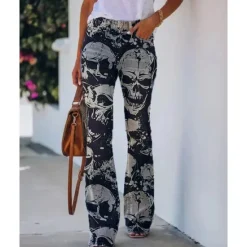 Best Women's Flared Pants Bell Bottom Pants Trousers Fashion Full Length Mid Waist Skull Flower / Floral Side Pockets Wide Leg Print Comfort Micro-elastic Halloween Weekend Navy-blue Rainbow Sky Blue And Women Leggings