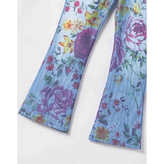 Best Women's Flared Pants Bell Bottom Pants Trousers Fashion Full Length Mid Waist Skull Flower / Floral Side Pockets Wide Leg Print Comfort Micro-elastic Halloween Weekend Navy-blue Rainbow Sky Blue And Women Leggings