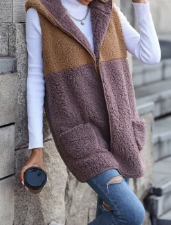 Best Women's Fleece Jacket Fleece Vest Teddy Coat Warm Breathable Patchwork Pocket Fleece Lined Casual Color Block Vacation Street Daily Wear Going out Open Front Regular Hoodie Regular Fit Sleeveless Women Jackets|Vest