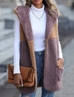 Best Women's Fleece Jacket Fleece Vest Teddy Coat Warm Breathable Patchwork Pocket Fleece Lined Casual Color Block Vacation Street Daily Wear Going out Open Front Regular Hoodie Regular Fit Sleeveless Women Jackets|Vest