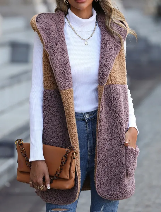 Best Women's Fleece Jacket Fleece Vest Teddy Coat Warm Breathable Patchwork Pocket Fleece Lined Casual Color Block Vacation Street Daily Wear Going out Open Front Regular Hoodie Regular Fit Sleeveless Women Jackets|Vest