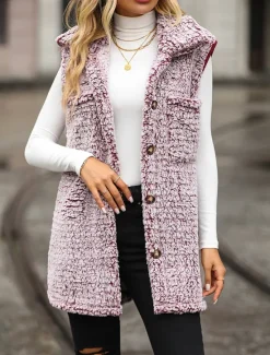Discount Women's Fleece Jacket Fleece Vest Teddy Coat Warm Breathable Pocket Fleece Lined Casual Plain Vacation Street Daily Wear Going out Single Breasted Regular Turndown Regular Fit Sleeveless Outerwear Women Vest