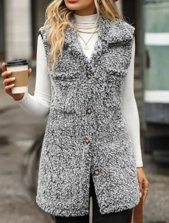 Discount Women's Fleece Jacket Fleece Vest Teddy Coat Warm Breathable Pocket Fleece Lined Casual Plain Vacation Street Daily Wear Going out Single Breasted Regular Turndown Regular Fit Sleeveless Outerwear Women Vest