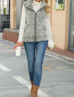 Discount Women's Fleece Jacket Fleece Vest Teddy Coat Warm Breathable Zipper Pocket Fleece Lined Casual Plain Vacation Street Daily Wear Going out Zipper Regular Stand Collar Regular Fit Sleeveless Outerwear Women Vest