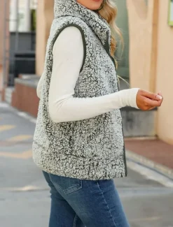Discount Women's Fleece Jacket Fleece Vest Teddy Coat Warm Breathable Zipper Pocket Fleece Lined Casual Plain Vacation Street Daily Wear Going out Zipper Regular Stand Collar Regular Fit Sleeveless Outerwear Women Vest