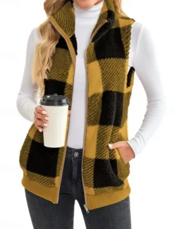 Discount Women's Fleece Jacket Fleece Vest Teddy Coat Warm Breathable Zipper Pocket Fleece Lined Casual Plaid Vacation Street Daily Wear Going out Zipper Regular Stand Collar Regular Fit Sleeveless Outerwear Women Vest