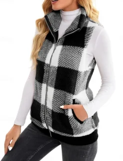 Discount Women's Fleece Jacket Fleece Vest Teddy Coat Warm Breathable Zipper Pocket Fleece Lined Casual Plaid Vacation Street Daily Wear Going out Zipper Regular Stand Collar Regular Fit Sleeveless Outerwear Women Vest