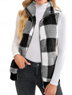 Discount Women's Fleece Jacket Fleece Vest Teddy Coat Warm Breathable Zipper Pocket Fleece Lined Casual Plaid Vacation Street Daily Wear Going out Zipper Regular Stand Collar Regular Fit Sleeveless Outerwear Women Vest