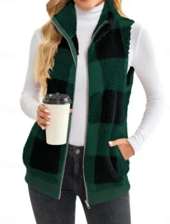 Discount Women's Fleece Jacket Fleece Vest Teddy Coat Warm Breathable Zipper Pocket Fleece Lined Casual Plaid Vacation Street Daily Wear Going out Zipper Regular Stand Collar Regular Fit Sleeveless Outerwear Women Vest