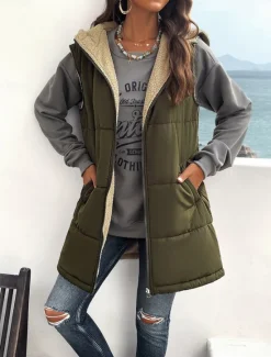 Women's Fleece Jacket Fleece Vest Teddy Coat Warm Breathable Zipper Pocket Fleece Lined Casual Plain Vacation Street Daily Wear Going out Zipper Regular Hoodie Regular Fit Sleeveless Outerwear Gray Women Puffers & Parka