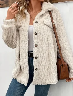Online Women's Fleece Jacket Teddy Coat Warm Breathable Buttons Pocket Casual Plain Vacation Street Daily Wear Going out Cardigan Turndown Regular Fit Long Sleeve Outerwear Fall Winter Women Blazers & Suits