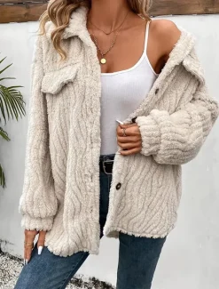 Online Women's Fleece Jacket Teddy Coat Warm Breathable Buttons Pocket Casual Plain Vacation Street Daily Wear Going out Cardigan Turndown Regular Fit Long Sleeve Outerwear Fall Winter Women Blazers & Suits