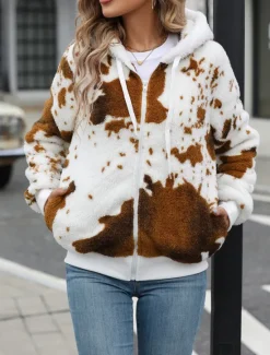 Sale Women's Fleece Jacket Teddy Coat Hoodie Jacket Warm Breathable Zipper Pocket Fleece Lined Casual Cow Print Vacation Street Daily Wear Going out Zipper Regular Hoodie Regular Fit Long Sleeve Outerwear Women Jackets