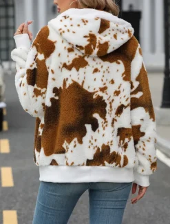 Sale Women's Fleece Jacket Teddy Coat Hoodie Jacket Warm Breathable Zipper Pocket Fleece Lined Casual Cow Print Vacation Street Daily Wear Going out Zipper Regular Hoodie Regular Fit Long Sleeve Outerwear Women Jackets