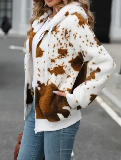 Sale Women's Fleece Jacket Teddy Coat Hoodie Jacket Warm Breathable Zipper Pocket Fleece Lined Casual Cow Print Vacation Street Daily Wear Going out Zipper Regular Hoodie Regular Fit Long Sleeve Outerwear Women Jackets