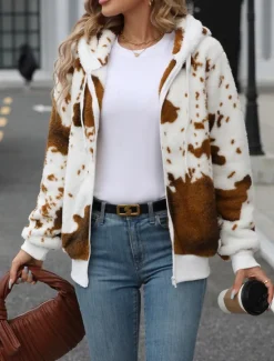 Sale Women's Fleece Jacket Teddy Coat Hoodie Jacket Warm Breathable Zipper Pocket Fleece Lined Casual Cow Print Vacation Street Daily Wear Going out Zipper Regular Hoodie Regular Fit Long Sleeve Outerwear Women Jackets