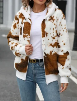 Sale Women's Fleece Jacket Teddy Coat Hoodie Jacket Warm Breathable Zipper Pocket Fleece Lined Casual Cow Print Vacation Street Daily Wear Going out Zipper Regular Hoodie Regular Fit Long Sleeve Outerwear Women Jackets
