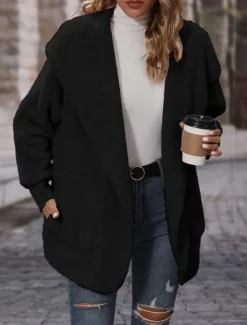 New Women's Fleece Jacket Teddy Coat Hoodie Jacket Warm Breathable Pocket Fleece Lined Casual Plain Vacation Street Daily Wear Going out Open Front Hoodie Regular Fit Long Sleeve Outerwear Black Purple Women Jackets