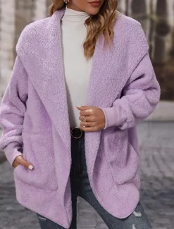 New Women's Fleece Jacket Teddy Coat Hoodie Jacket Warm Breathable Pocket Fleece Lined Casual Plain Vacation Street Daily Wear Going out Open Front Hoodie Regular Fit Long Sleeve Outerwear Black Purple Women Jackets