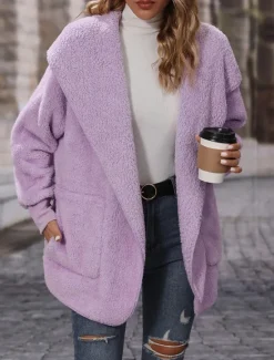 New Women's Fleece Jacket Teddy Coat Hoodie Jacket Warm Breathable Pocket Fleece Lined Casual Plain Vacation Street Daily Wear Going out Open Front Hoodie Regular Fit Long Sleeve Outerwear Black Purple Women Jackets