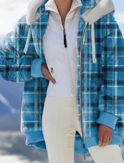 Hot Women's Fleece Jacket Teddy Coat Hoodie Jacket Warm Breathable Zipper Pocket Print Fur Collar Casual Plaid Vacation Street Daily Wear Going out Zipper Regular Hoodie Regular Fit Long Sleeve Outerwear Women Jackets