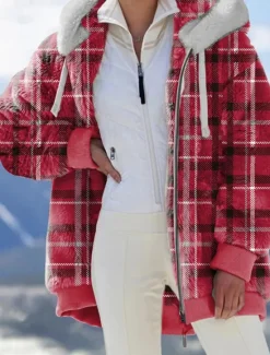 Hot Women's Fleece Jacket Teddy Coat Hoodie Jacket Warm Breathable Zipper Pocket Print Fur Collar Casual Plaid Vacation Street Daily Wear Going out Zipper Regular Hoodie Regular Fit Long Sleeve Outerwear Women Jackets