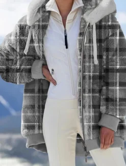Hot Women's Fleece Jacket Teddy Coat Hoodie Jacket Warm Breathable Zipper Pocket Print Fur Collar Casual Plaid Vacation Street Daily Wear Going out Zipper Regular Hoodie Regular Fit Long Sleeve Outerwear Women Jackets