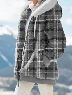 Hot Women's Fleece Jacket Teddy Coat Hoodie Jacket Warm Breathable Zipper Pocket Print Fur Collar Casual Plaid Vacation Street Daily Wear Going out Zipper Regular Hoodie Regular Fit Long Sleeve Outerwear Women Jackets