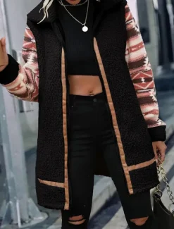 New Women's Fleece Jacket Teddy Coat Hoodie Jacket Warm Breathable Zipper Pocket Fleece Lined Vintage Casual Geometric Vacation Street Daily Wear Going out Zipper Long Turndown Regular Fit Long Sleeve Women Jackets
