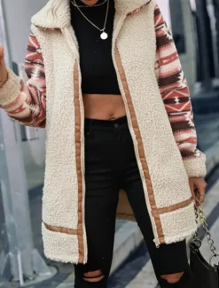 New Women's Fleece Jacket Teddy Coat Hoodie Jacket Warm Breathable Zipper Pocket Fleece Lined Vintage Casual Geometric Vacation Street Daily Wear Going out Zipper Long Turndown Regular Fit Long Sleeve Women Jackets