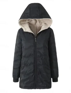Outlet Women's Fleece Jacket Teddy Coat Hoodie Jacket Warm Breathable Zipper Pocket Fleece Lined Casual Plain Vacation Street Daily Wear Going out Zipper Regular Hoodie Regular Fit Long Sleeve Outerwear Women Puffers & Parka|Jackets