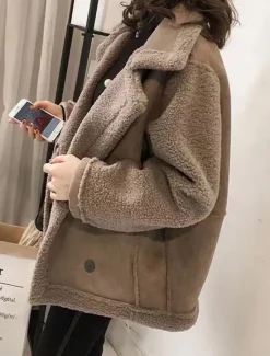Hot Women's Fleece Jacket Teddy Coat Hoodie Jacket Warm Breathable Buttons Pocket Fleece Lined Casual Plain Vacation Street Daily Wear Going out Single Breasted Regular Turndown Regular Fit Long Sleeve Women Puffers & Parka|Jackets