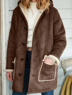 Discount Women's Fleece Jacket Teddy Coat Warm Breathable Buttons Pocket Fleece Lined Casual Plain Vacation Street Daily Wear Going out Zipper Long Hoodie Regular Fit Long Sleeve Outerwear Brown Khaki Gray Women Puffers & Parka