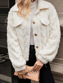 Women's Fleece Jacket Teddy Coat Warm Breathable Buttons Pocket Casual Plain Vacation Street Daily Wear Going out Single Breasted Regular Turndown Regular Fit Long Sleeve Outerwear Fall Winter Women Blazers & Suits